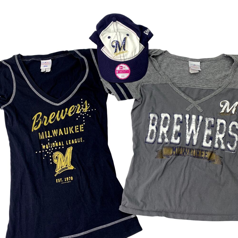 Milwakee Brewers Womens Sz Small Lot of 2 Shirts and NWT 9Twenty Hat Sports Fan